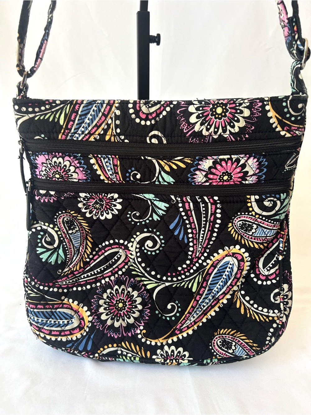 Vera Bradley Black Paisley Multicolor Crossbody Bag Tablet Triple Zip